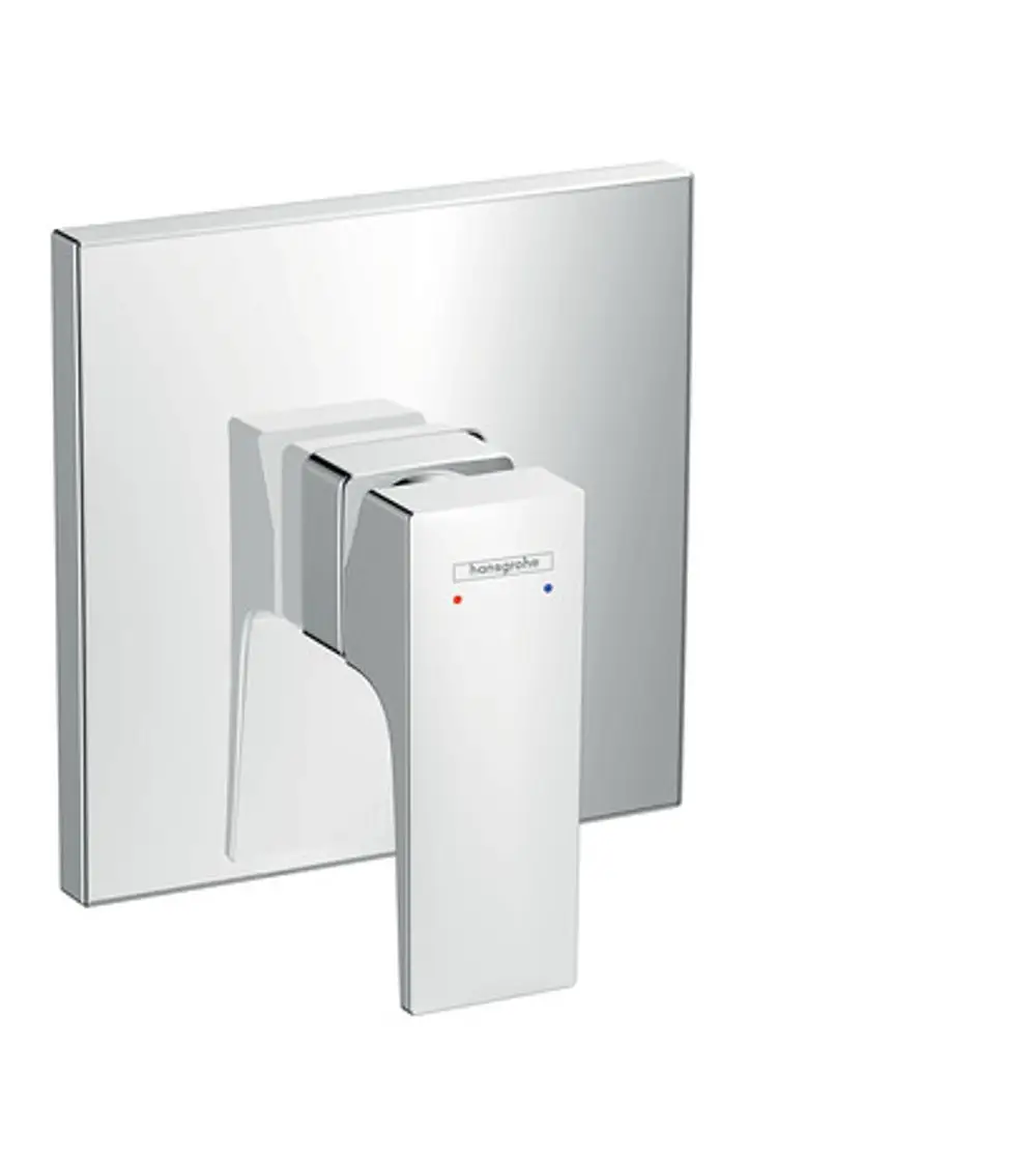 Hansgrohe Einhebel-Brausemischer mit Hebelgriff an einem quadratischen, glänzenden Unterputz-Panel in Chromoptik, ausgestattet mit Temperaturmarkierungen.